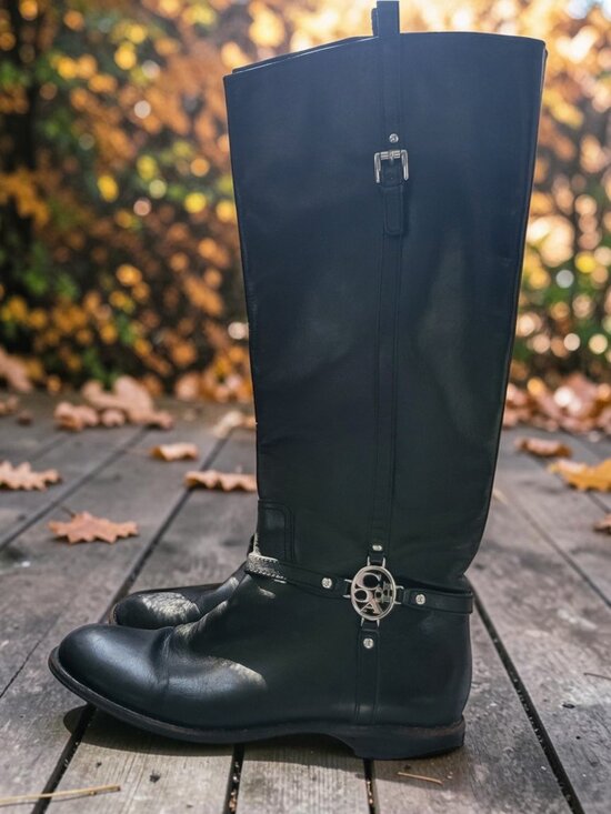 Coach Shoes - Coach Black Leather Knee High Riding Boots Silver Harness Sz 8B